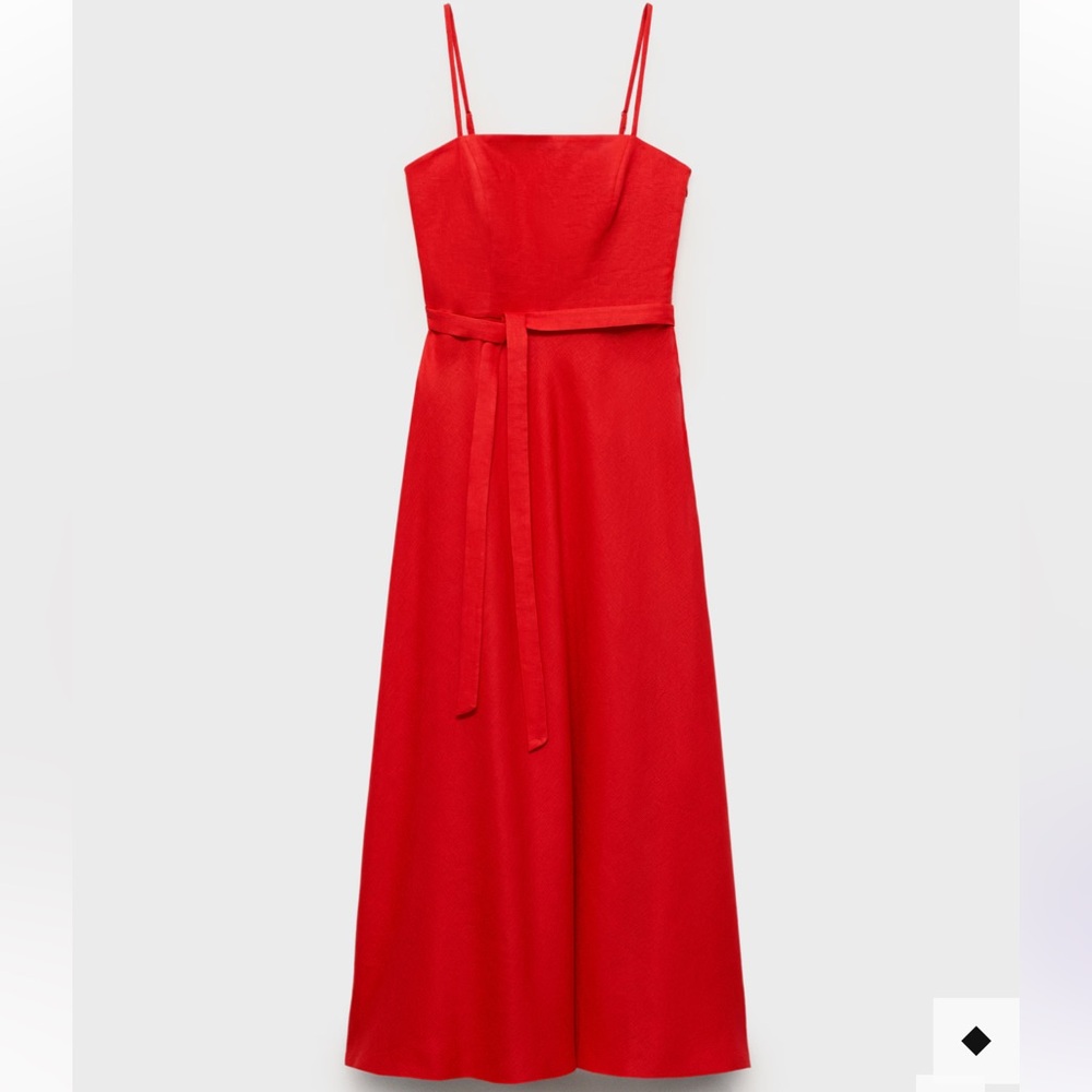 Mango LINEN Red Spaghetti-Strap Maxi Dress with Self-Tie Belt